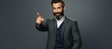 sorridente homem de negocios publicidade de mostrando polegar dedo em cinzento fundo foto