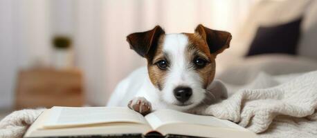 mulher e cachorro sentado em uma sofá às casa lendo uma livro foto