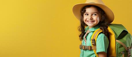 uma jovem menina escoteiro dentro uma verão chapéu e mochila Visualizações seu de Anúncios ela s posição para uma acampamento viagem bandeira com amarelo isolado pano de fundo e cópia de espaço foto