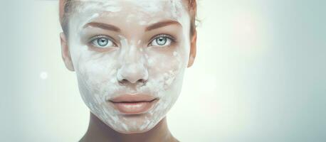 jovem mulher aplicando hidratante para pele pigmentação consciência e tratamento conceito com digital texto sobreposição foto