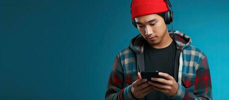 pensativo jovem homem do ásia descida dentro uma gorro e vermelho flanela camisa contempla enquanto segurando telefone em azul fundo foto