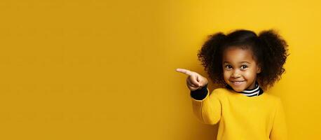 uma Preto menina aluna é apontando dedos às cópia de espaço sobre uma amarelo fundo foto