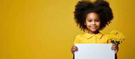 africano americano menina retrato com obrigado você dia texto amarelo fundo infância celebração conceito foto