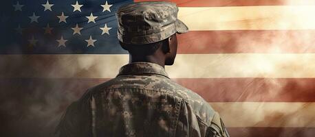 uma feliz veteranos dia honrando a patriotismo e celebração do a africano americano soldado dentro camuflar roupas foto