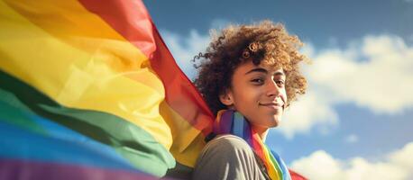 imagem do uma birracial homem com confiança acenando uma arco Iris bandeira em nacional chegando Fora dia com texto espaço para promover lgbt consciência Apoio, suporte a queer comunidade foto