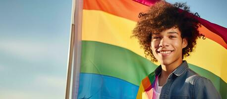 imagem do uma birracial homem com confiança acenando uma arco Iris bandeira em nacional chegando Fora dia com texto espaço para promover lgbt consciência Apoio, suporte a queer comunidade foto