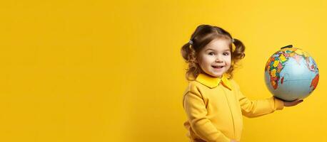 jovem criança apontando às globo amarelo pano de fundo quarto para texto foto