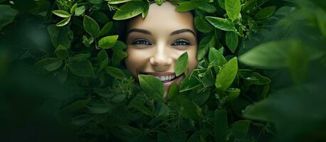 lindo mulher sorridente dentro verde folhagem voltado para a Câmera com cópia de espaço foto