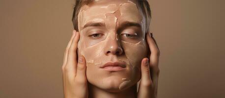 Cosmético tratamento em caucasiano homem s face com cuidados com a pele consciência foto
