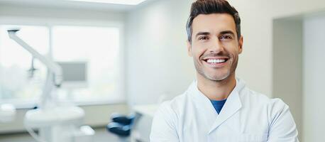 sorridente masculino dentista segurando prancheta dentro dental clínica interior olhando às Câmera foto