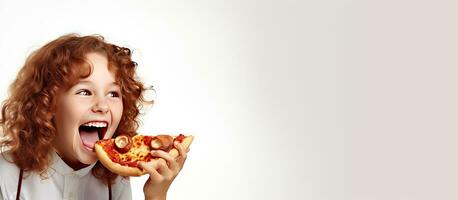 feliz branco mulher comendo pizza e gesticulando para esvaziar espaço em uma branco fundo com velozes Comida de Anúncios panorâmico Visão quarto para texto foto