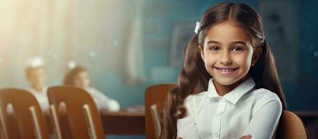 caucasiano menina sentado sorridente Sala de aula escola Educação conceito foto