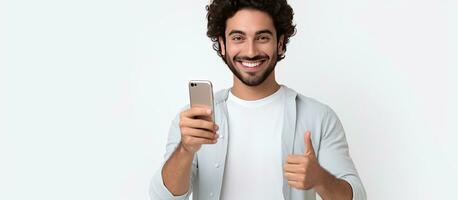 25 ano velho meio Oriental homem sorridente e fazer a Está bem placa enquanto segurando uma Smartphone dentro frente do uma branco fundo foto