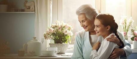 cuidador abraços idosos mulher durante Visita às casa foto