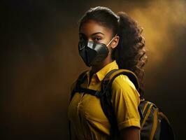 uma Sombrio esfolado menina aluna vestindo uma amarelo vestir e respiratório mascarar chegado às classe com uma escola mochila foto