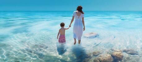 uma mulher e uma criança passear juntos dentro legal água em uma quente verão dia com quarto para texto criança aproximadamente dois anos velho foto