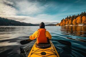 mulher caiaque em uma lago dentro outono, Ontário, Canadá. uma pessoas traseiro Visão do desfrutando a eco amigáveis atividade do caiaque, ai gerado foto