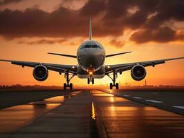 uma ampla avião a jato levando fora ou alvorecer a partir de a aeroporto pista às pôr do sol generativo ai foto