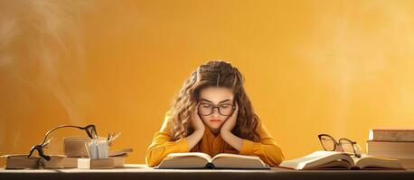 adolescente menina estudando e fazendo Trabalho de escola costas para escola foto