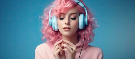 pessoal estilo conceito com uma fofa menina dentro Rosa estilo posando com uma Rosa telefone e ouvindo para música contra uma azul fundo foto