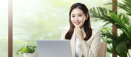 sorridente ásia mulher dentro trabalhos vestuário usa computador portátil às escritório pesquisando alegremente irradiando positivo energia executando o negócio plano foto