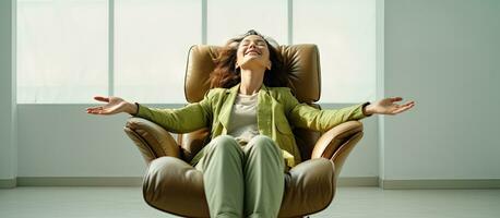 mulher reclinável dentro uma na moda lustroso interior mostrando alegria e relaxamento foto