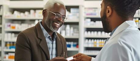 maduro africano americano homem compra remédio a partir de farmacêutico dentro diverso farmácia foto