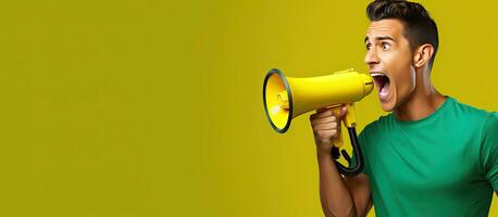 jovem hispânico homem com verde t camisa usando megafone em amarelo fundo foto