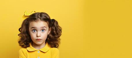 caucasiano menina dentro amarelo vestir sorrisos maliciosos e pontos longe indicando alguma coisa desagradável dentro propaganda promovendo grande preço conceito foto