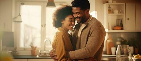 uma grato esposa abraços dela marido dentro a cozinha enquanto cozinhando juntos foto