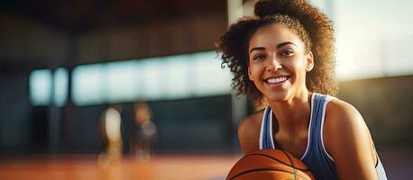 birracial fêmea basquetebol jogador com basquetebol às quadra cópia de espaço inalterado esporte atividade e estilo de vida foto