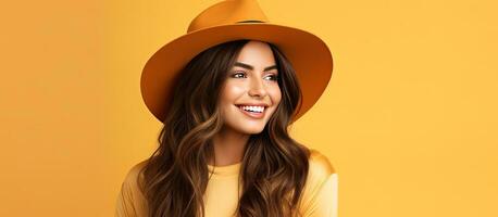 sorridente morena mulher bebendo café isolado em laranja amarelo fundo em branco espaço para texto foto