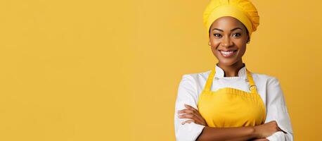 sorridente africano americano fêmea chefe de cozinha segurando forno luva contra amarelo fundo foto