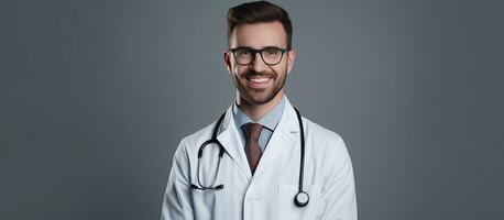 masculino médico vestindo óculos e branco casaco sorrisos às Câmera em isolado branco fundo quarto para texto saúde foto