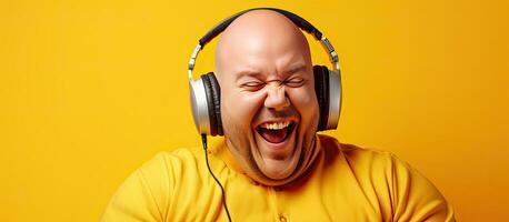 excesso de peso homem dentro dele 30s Careca com fones de ouvido desfrutando música e usando telefone em amarelo fundo foto