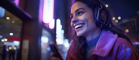 brilhando retrato do jovem mulher em Smartphone às noite dentro cidade cheio do néon luzes foto