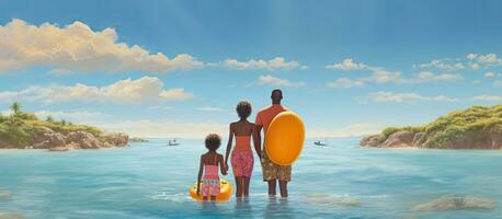 africano americano família caminhando às de praia desfrutando verão período de férias foto