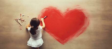 jovem menina desenhando coração a sobrecarga perspectiva em branco área para palavras foto