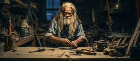 idosos artesão com grandes cabelo fazer de madeira perna próteses dentro oficina esvaziar área para texto foto