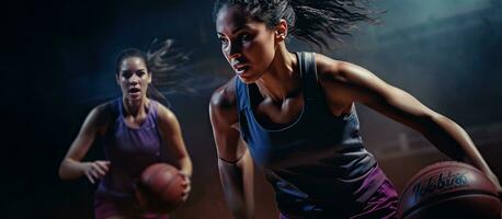 birracial fêmea basquetebol jogadoras dentro Academia segurando e jogando basquetebol esporte atividade união e estilo de vida inalterado foto