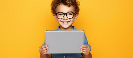 uma escola envelhecido Garoto dentro uma casual t camisa detém uma em branco digital tábua mostrando uma crianças aplicativo foto