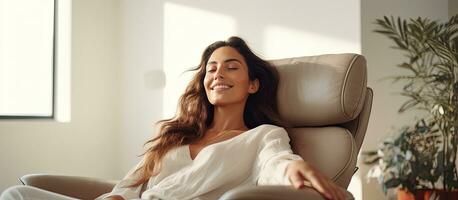 sorridente mulher dentro moderno branco interior às casa foto