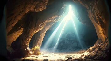 caverna com luz brilhando a partir de fora. lindo caverna com luz solar foto