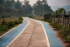 a concreto estrada dentro a campo tem azul caminhos para bicicletas dentro a vales. foto