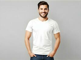 jovem homem vestindo em branco branco camiseta brincar, Projeto camiseta modelo, impressão apresentação brincar. ai gerado foto