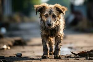 triste e sem teto cachorro. uma triste e sem teto cachorro abandonado em a ruas foto