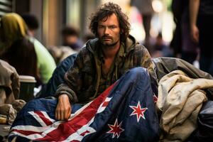 sem teto homem dorme em a calçada dentro a Austrália se escondendo atrás a australiano bandeira foto