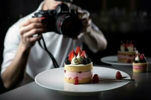 Comida bolo fotografia placa. gerar ai foto