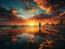 uma vibrante pôr do sol sobre uma tranquilo praia, Onde uma solitário figura anda em ao longo a litoral generativo ai foto