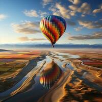 uma quente ar balão flutuando sobre uma patchwork do colorida Campos generativo ai foto